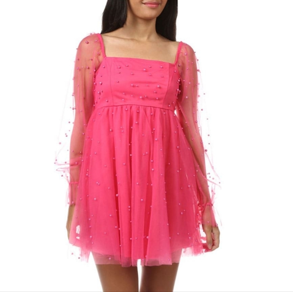 Allison & Kelly Girls Blouson Sleeve Faux Pearl Embellished Babydoll Dress SizeS